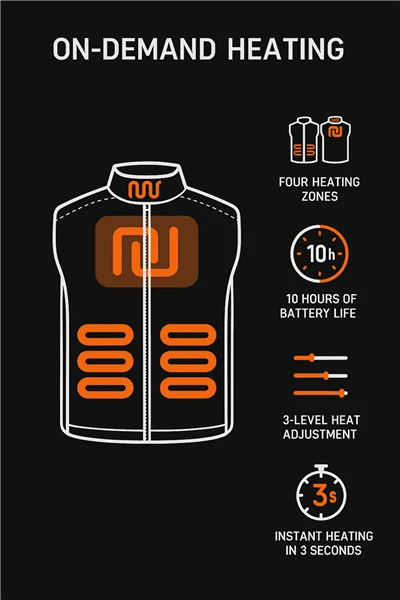เสื้อกั๊กอุ่นของผู้ชายด้วย 4- โซนความร้อนและฮูดที่ถอดออกได้-กันน้ำ 3 ระดับความร้อนอายุการใช้งานแบตเตอรี่ 10 ชั่วโมง